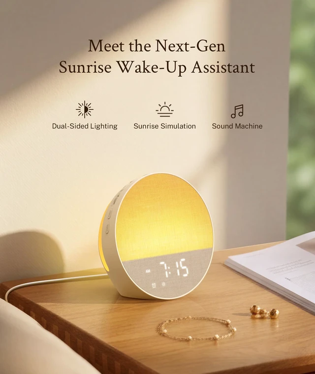 Alt view image 3 of 7 - Sunrise Alarm Clock, Sound Machine, Dual-Sided Sunrise Wake Up Light | Natural Sunrise Glow, Dual-Sided Enhanced Light, Dimmable Alarm Clock, 30 Sounds, Dedicated Alarm Buttons, Oat Beige