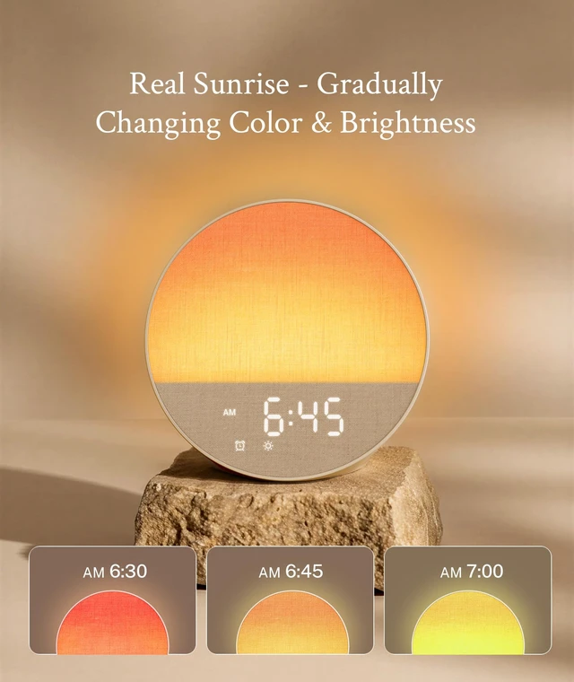 Alt view image 4 of 7 - Sunrise Alarm Clock, Sound Machine, Dual-Sided Sunrise Wake Up Light | Natural Sunrise Glow, Dual-Sided Enhanced Light, Dimmable Alarm Clock, 30 Sounds, Dedicated Alarm Buttons, Oat Beige