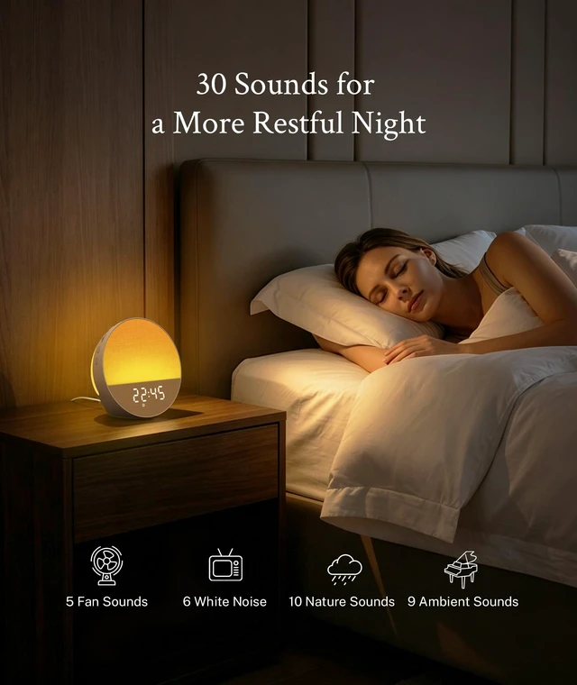 Alt view image 5 of 7 - Sunrise Alarm Clock, Sound Machine, Dual-Sided Sunrise Wake Up Light | Natural Sunrise Glow, Dual-Sided Enhanced Light, Dimmable Alarm Clock, 30 Sounds, Dedicated Alarm Buttons, Oat Beige