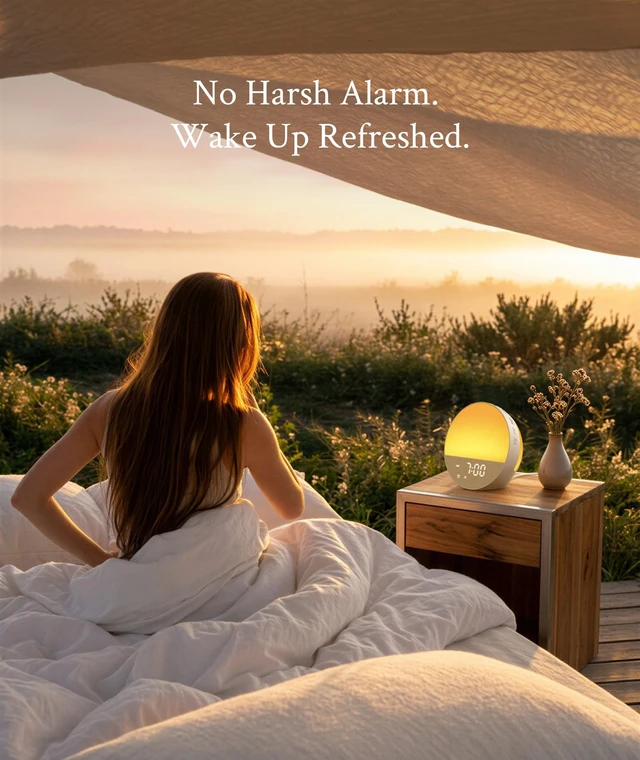 Alt view image 7 of 7 - Sunrise Alarm Clock, Sound Machine, Dual-Sided Sunrise Wake Up Light | Natural Sunrise Glow, Dual-Sided Enhanced Light, Dimmable Alarm Clock, 30 Sounds, Dedicated Alarm Buttons, Oat Beige