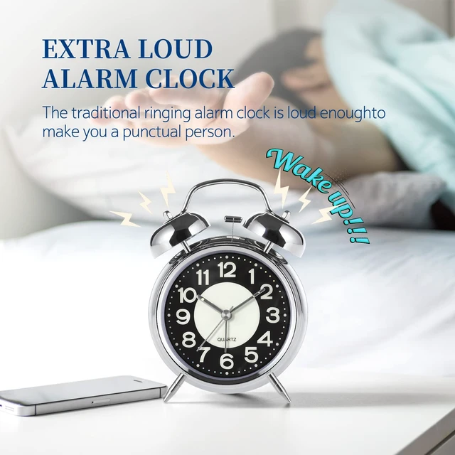 Alt view image 2 of 7 - Super Loud Alarm Clock For heavy sleepers,4 inches Twin Bell Alarm Clock with Backlight,Battery Operated,Silent Non Ticking,For Kids,Adults,Bedrooms,Retro decor Desk Analog Clocks.. (Noctilucent)