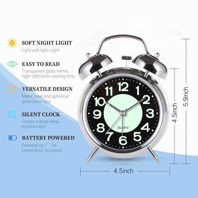Alt view image 6 of 7 - Super Loud Alarm Clock For heavy sleepers,4 inches Twin Bell Alarm Clock with Backlight,Battery Operated,Silent Non Ticking,For Kids,Adults,Bedrooms,Retro decor Desk Analog Clocks.. (Noctilucent)