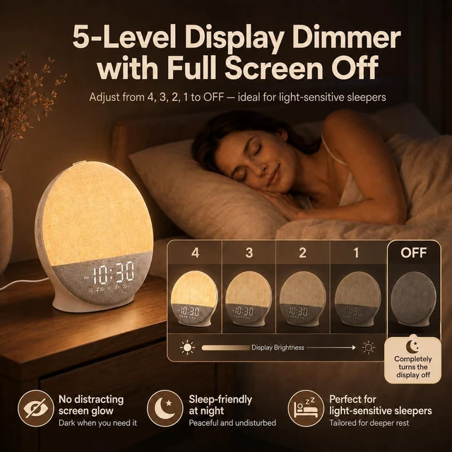 Alt view image 3 of 7 - Sunrise Alarm Clock White Noise Machine with Bluetooth, Beige Linen | Large-Screen Wake Up Light, Display Fully Off for Light-Sensitive Sleepers, 25 Sleep Sounds, 8-Hour Timer, 17 Light Modes