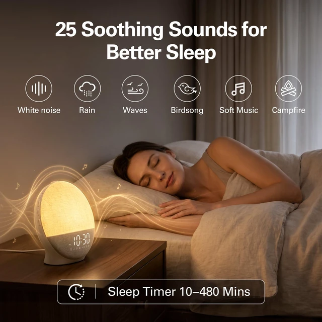 Alt view image 2 of 7 - Sunrise Alarm Clock White Noise Machine with Bluetooth, Beige Linen | Large-Screen Wake Up Light, Display Fully Off for Light-Sensitive Sleepers, 25 Sleep Sounds, 8-Hour Timer, 17 Light Modes