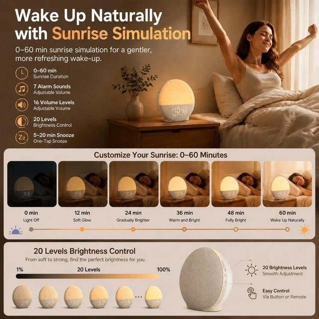 Alt view image 4 of 7 - Sunrise Alarm Clock White Noise Machine with Bluetooth, Beige Linen | Large-Screen Wake Up Light, Display Fully Off for Light-Sensitive Sleepers, 25 Sleep Sounds, 8-Hour Timer, 17 Light Modes