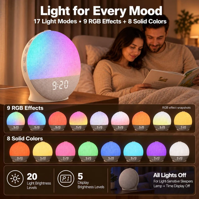 Alt view image 7 of 7 - Sunrise Alarm Clock White Noise Machine with Bluetooth, Beige Linen | Large-Screen Wake Up Light, Display Fully Off for Light-Sensitive Sleepers, 25 Sleep Sounds, 8-Hour Timer, 17 Light Modes