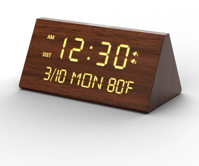 Main image of Wooden Digital Alarm Clock for Bedroom with Date Day of Week,USB Charging Ports, Dual Alarms, Dimmer, Temperature,Snooze, DST,Adjustable Volume - Wood Decor & Gifts Plug in (Brown)