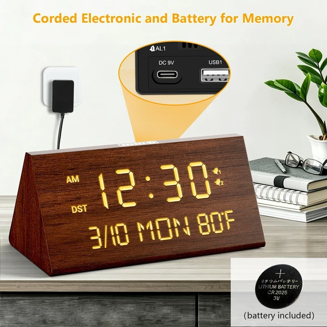 Alt view image 2 of 7 - Wooden Digital Alarm Clock for Bedroom with Date Day of Week,USB Charging Ports, Dual Alarms, Dimmer, Temperature,Snooze, DST,Adjustable Volume - Wood Decor & Gifts Plug in (Brown)