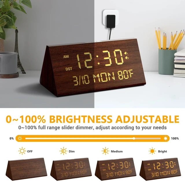 Alt view image 3 of 7 - Wooden Digital Alarm Clock for Bedroom with Date Day of Week,USB Charging Ports, Dual Alarms, Dimmer, Temperature,Snooze, DST,Adjustable Volume - Wood Decor & Gifts Plug in (Brown)