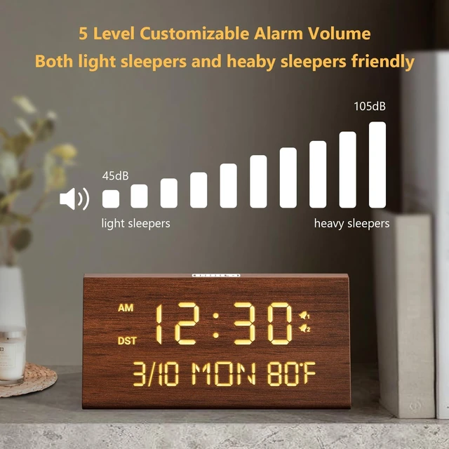 Alt view image 4 of 7 - Wooden Digital Alarm Clock for Bedroom with Date Day of Week,USB Charging Ports, Dual Alarms, Dimmer, Temperature,Snooze, DST,Adjustable Volume - Wood Decor & Gifts Plug in (Brown)