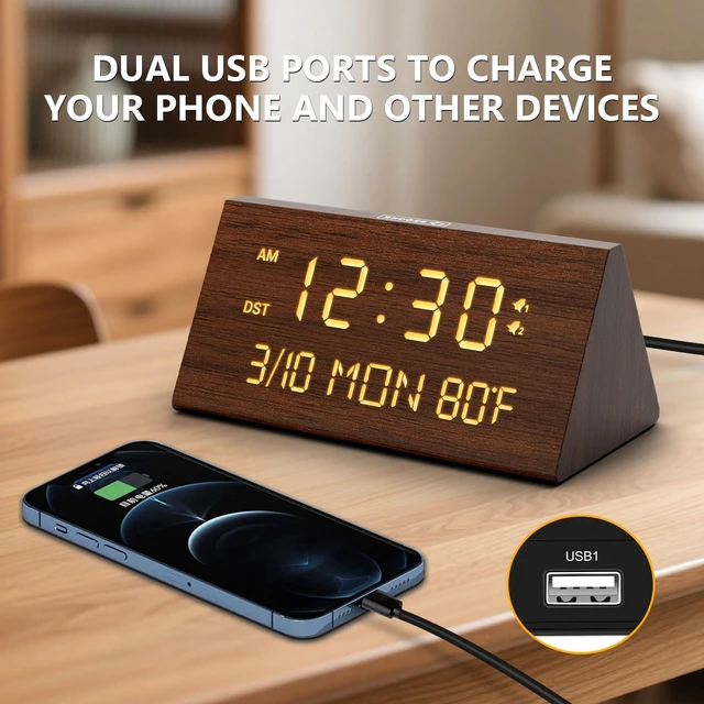 Alt view image 5 of 7 - Wooden Digital Alarm Clock for Bedroom with Date Day of Week,USB Charging Ports, Dual Alarms, Dimmer, Temperature,Snooze, DST,Adjustable Volume - Wood Decor & Gifts Plug in (Brown)