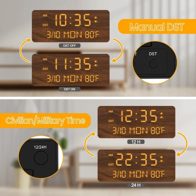 Alt view image 7 of 7 - Wooden Digital Alarm Clock for Bedroom with Date Day of Week,USB Charging Ports, Dual Alarms, Dimmer, Temperature,Snooze, DST,Adjustable Volume - Wood Decor & Gifts Plug in (Brown)