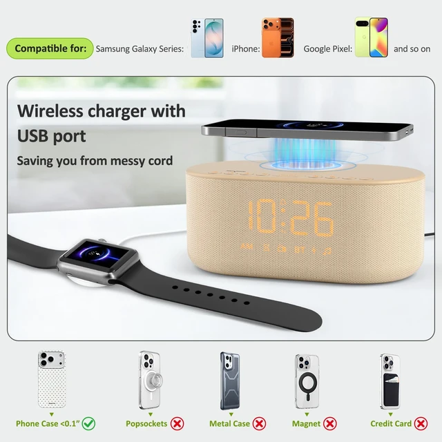 Alt view image 4 of 7 - Alarm Clock Radio with Wireless Charging and Bluetooth Speaker | Loud Alarm for Heavy Sleepers, Bedroom Digital FM Radio with Sleep Timer, 0-100% Dimmer, 9 Alarm Sounds & 16 Volumes, USB