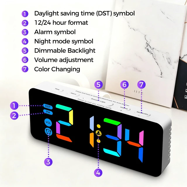 Alt view image 2 of 7 - Digital Alarm Clock for Kids Bedrooms Small Digital Clock with 7 Colors | 4 Dimmable Brightness, 3 Adjustable Volumes with Snooze, USB Charging Port and Battery Backup Multicolored