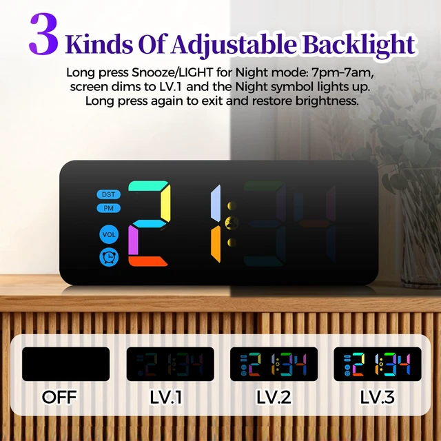 Alt view image 7 of 7 - Digital Alarm Clock for Kids Bedrooms Small Digital Clock with 7 Colors | 4 Dimmable Brightness, 3 Adjustable Volumes with Snooze, USB Charging Port and Battery Backup Multicolored