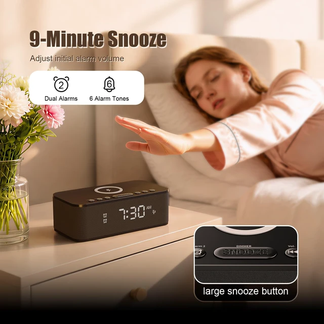 Alt view image 4 of 7 - Alarm Clocks for Bedrooms, Wireless Charger, Bluetooth Speaker, White Noise Machine, Digital Clock with Dual Alarm, Dimmable Display, USB Charging Port, JetBlack