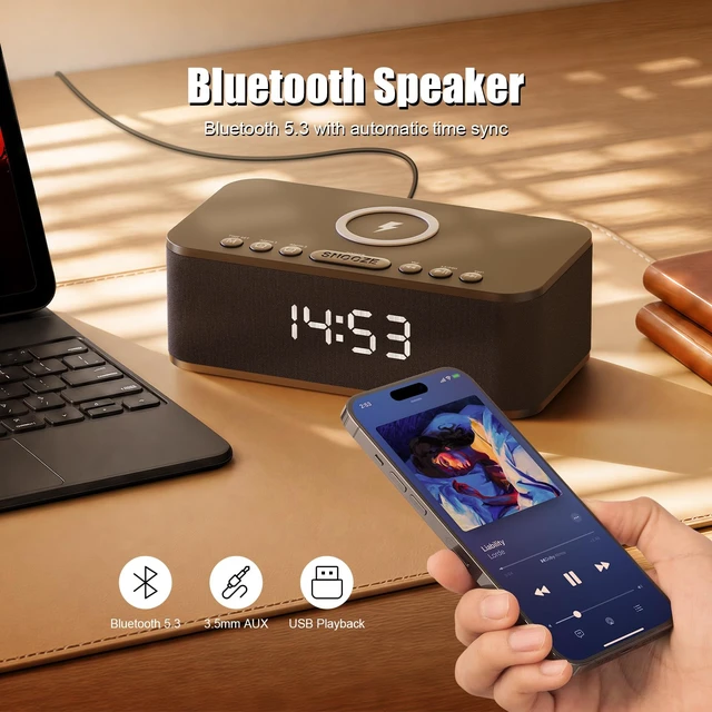 Alt view image 6 of 7 - Alarm Clocks for Bedrooms, Wireless Charger, Bluetooth Speaker, White Noise Machine, Digital Clock with Dual Alarm, Dimmable Display, USB Charging Port, JetBlack