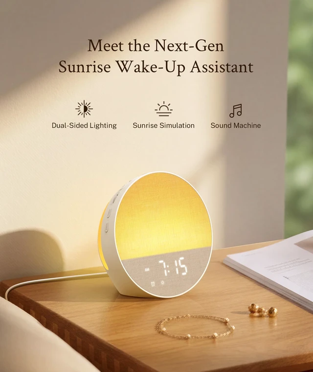 Alt view image 3 of 7 - Sunrise Alarm Clock, Sound Machine, Dual-Sided Sunrise Wake Up Light | Natural Sunrise Glow, Dual-Sided Enhanced Light, White Noise Machine, 30 Sounds, Dedicated Alarm Buttons, Cloud White
