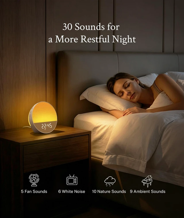 Alt view image 5 of 7 - Sunrise Alarm Clock, Sound Machine, Dual-Sided Sunrise Wake Up Light | Natural Sunrise Glow, Dual-Sided Enhanced Light, White Noise Machine, 30 Sounds, Dedicated Alarm Buttons, Cloud White