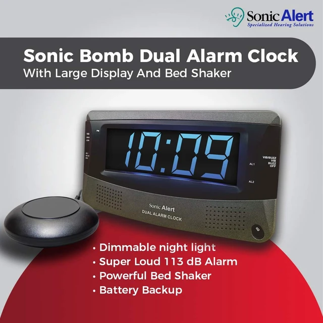 Alt view image 2 of 5 - Dual Extra Loud Alarm Clock with Bed Shaker Sonic Boom Vibrating Alarm Clock for Heavy Sleepers, Battery Backup | Wake with a Shake (Black)