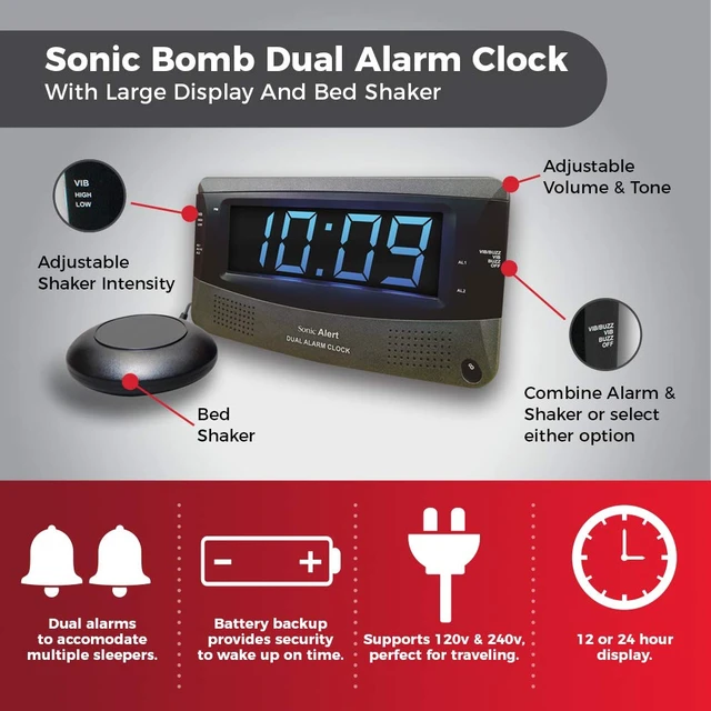 Alt view image 4 of 5 - Dual Extra Loud Alarm Clock with Bed Shaker Sonic Boom Vibrating Alarm Clock for Heavy Sleepers, Battery Backup | Wake with a Shake (Black)