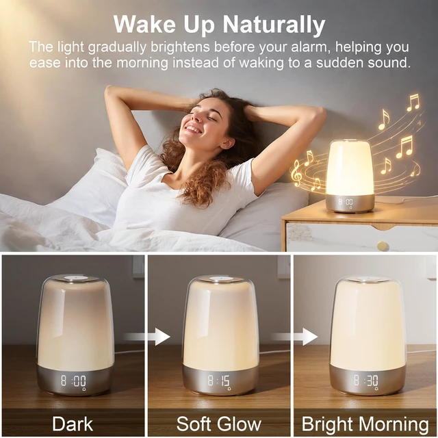 Alt view image 2 of 7 - Sunrise Alarm Clock with Wake Up Light for Bedrooms Adults Kids | 30-Min Sunrise Simulation, Sleep Timer, 7 Wake-Up Options, 6-Color RGB Night Light, 3 Brightness Warm Light Bedside Lamp