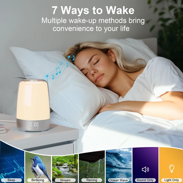 Alt view image 3 of 7 - Sunrise Alarm Clock with Wake Up Light for Bedrooms Adults Kids | 30-Min Sunrise Simulation, Sleep Timer, 7 Wake-Up Options, 6-Color RGB Night Light, 3 Brightness Warm Light Bedside Lamp
