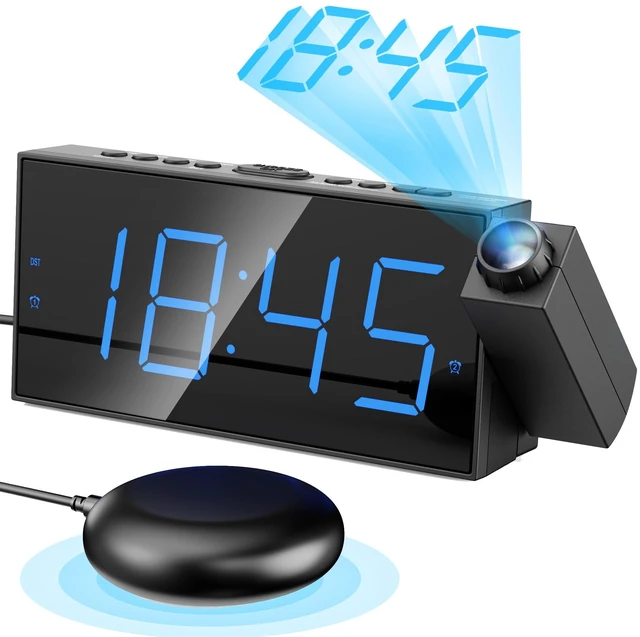 Main image of Projection Alarm Clock with Bed Shaker, Dual Alarms | 5-level Dimmer, Snooze & DST, AC Powered (Battery Backup for Memory Only), Vibrating Alarm Perfect for Hard of Hearing, Deaf
