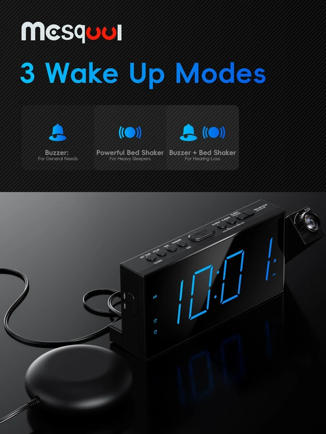 Alt view image 5 of 7 - Projection Alarm Clock with Bed Shaker, Dual Alarms | 5-level Dimmer, Snooze & DST, AC Powered (Battery Backup for Memory Only), Vibrating Alarm Perfect for Hard of Hearing, Deaf
