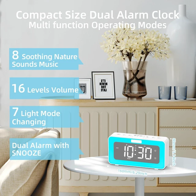 Alt view image 2 of 7 - Digital Alarm Clock for Bedrooms, Dual Alarm for Heavy Sleepers | Large display with a 7-color night light, nature sounds and adjustable volume for bedrooms, home offices and bedside use.