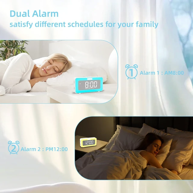 Alt view image 4 of 7 - Digital Alarm Clock for Bedrooms, Dual Alarm for Heavy Sleepers | Large display with a 7-color night light, nature sounds and adjustable volume for bedrooms, home offices and bedside use.