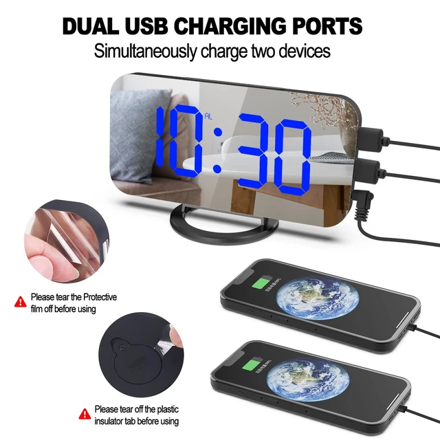 Alt view image 3 of 7 - Small Digital Alarm Clock for Bedrooms, LED Mirror Desk Clock | Dimmable Lihgt 2 USB Charging Ports Snooze Nightstand Table Aesthetic Sleek Clocks Decor for Bedroom Office