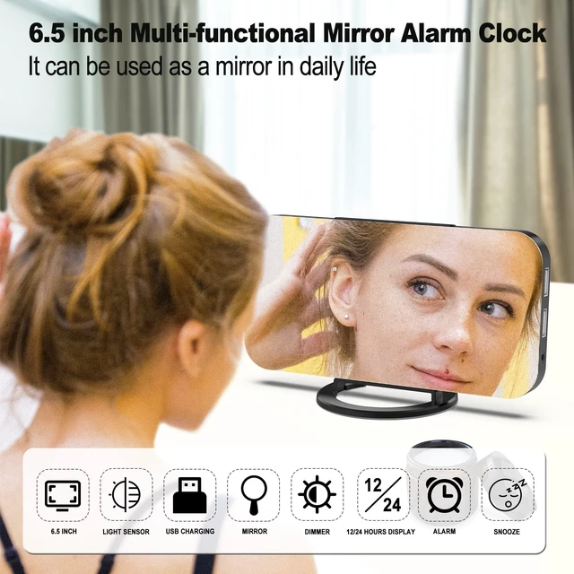 Alt view image 5 of 7 - Small Digital Alarm Clock for Bedrooms, LED Mirror Desk Clock | Dimmable Lihgt 2 USB Charging Ports Snooze Nightstand Table Aesthetic Sleek Clocks Decor for Bedroom Office