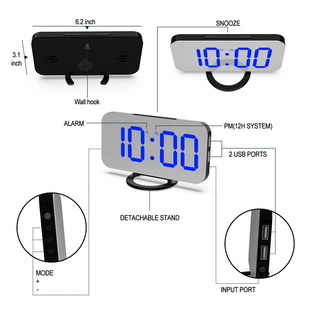 Alt view image 6 of 7 - Small Digital Alarm Clock for Bedrooms, LED Mirror Desk Clock | Dimmable Lihgt 2 USB Charging Ports Snooze Nightstand Table Aesthetic Sleek Clocks Decor for Bedroom Office