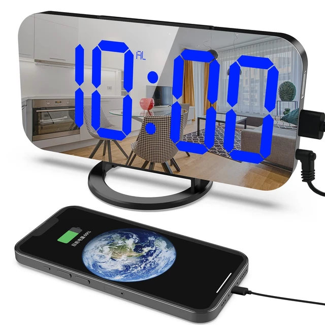 Alt view image 7 of 7 - Small Digital Alarm Clock for Bedrooms, LED Mirror Desk Clock | Dimmable Lihgt 2 USB Charging Ports Snooze Nightstand Table Aesthetic Sleek Clocks Decor for Bedroom Office