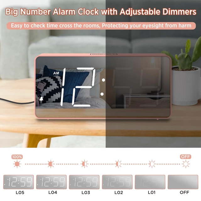 Alt view image 5 of 7 - Digital Alarm Clock for Bedroom Bedside, Large Display 5 Dimmers | Electric Alarm Clock Battery Backup Powered, Mirror Face, Large Numbers for Seniors