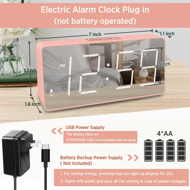 Alt view image 2 of 7 - Digital Alarm Clock for Bedroom Bedside, Large Display 5 Dimmers | Electric Alarm Clock Battery Backup Powered, Mirror Face, Large Numbers for Seniors