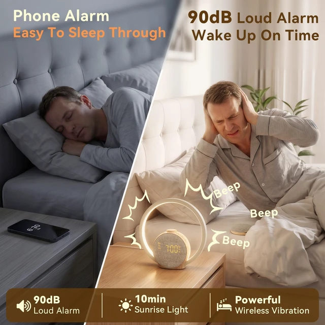 Alt view image 2 of 7 - Loud Alarm Clock for Heavy Sleepers with Wireless Bed Shaker | Sunrise Wake Up Light, Vibrating Dual Alarms for Adults, Hearing Impaired, 20 Sleep Sounds Machine, Sleep Timer, Snooze