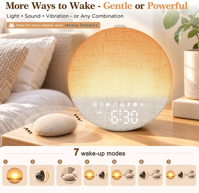 Alt view image 2 of 7 - Sunrise Alarm Clock Radio with Bed Shaker for Heavy Sleepers, Extra Loud FM Radio Alarm, Bluetooth Speaker, Dimmable Night Light for Bedrooms Kids, 7 Wake-Up Modes, Cream Linen