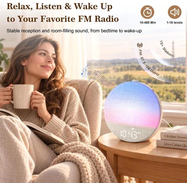 Alt view image 5 of 7 - Sunrise Alarm Clock Radio with Bed Shaker for Heavy Sleepers, Extra Loud FM Radio Alarm, Bluetooth Speaker, Dimmable Night Light for Bedrooms Kids, 7 Wake-Up Modes, Cream Linen