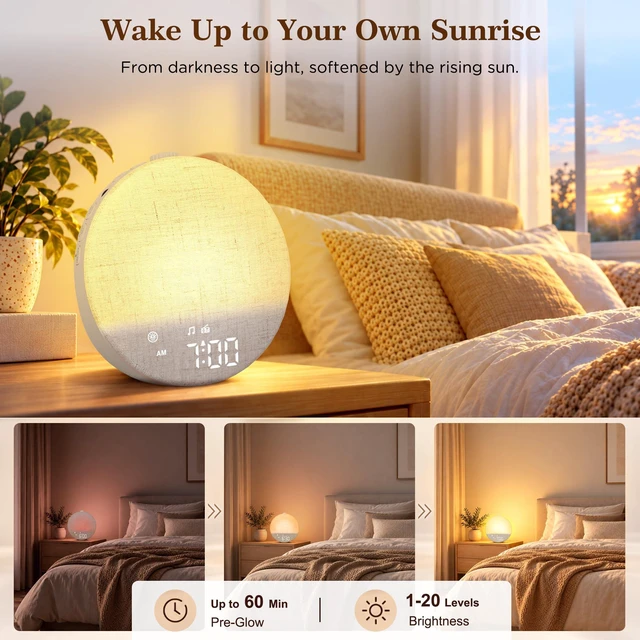 Alt view image 4 of 7 - Sunrise Alarm Clock Radio with Bed Shaker for Heavy Sleepers, Extra Loud FM Radio Alarm, Bluetooth Speaker, Dimmable Night Light for Bedrooms Kids, 7 Wake-Up Modes, Cream Linen