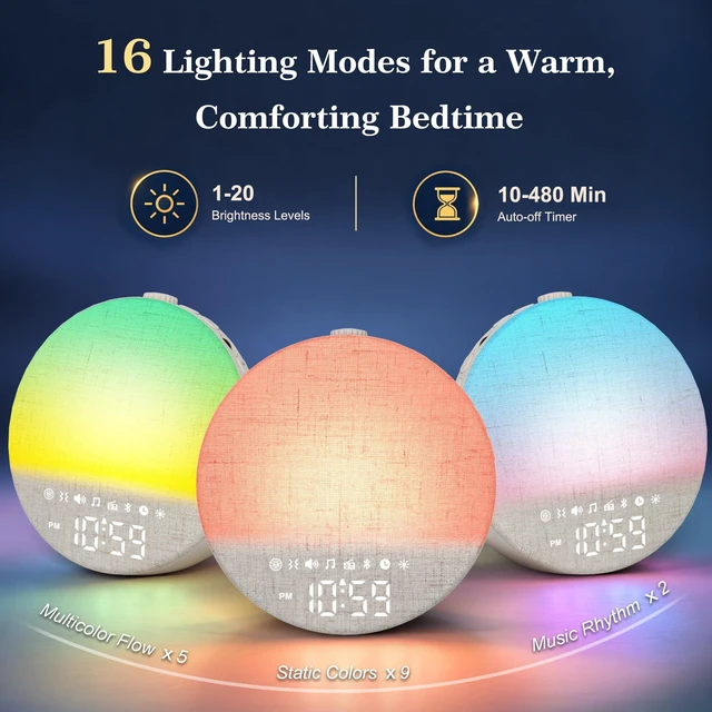 Alt view image 7 of 7 - Sunrise Alarm Clock Radio with Bed Shaker for Heavy Sleepers, Extra Loud FM Radio Alarm, Bluetooth Speaker, Dimmable Night Light for Bedrooms Kids, 7 Wake-Up Modes, Cream Linen