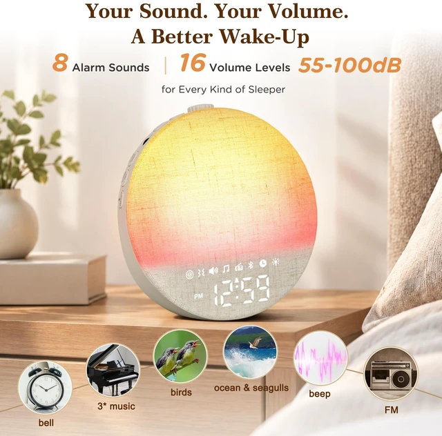 Alt view image 6 of 7 - Sunrise Alarm Clock Radio with Bed Shaker for Heavy Sleepers, Extra Loud FM Radio Alarm, Bluetooth Speaker, Dimmable Night Light for Bedrooms Kids, 7 Wake-Up Modes, Cream Linen