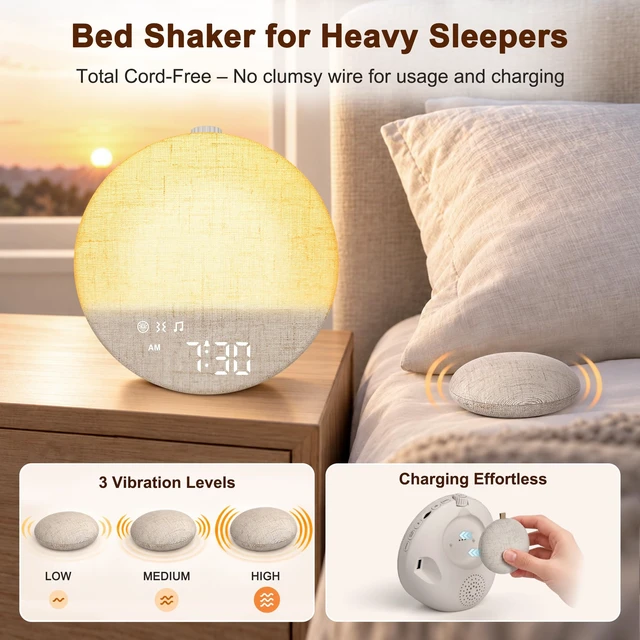 Alt view image 2 of 7 - Sunrise Alarm Clock with Bed Shaker for Heavy Sleepers Bedroom, White Noise Sound Machine for Sleep Baby Adults, Bluetooth, Timer, Loud Alarm Clock Wake Up Light for Kids, Night Light Dimmer