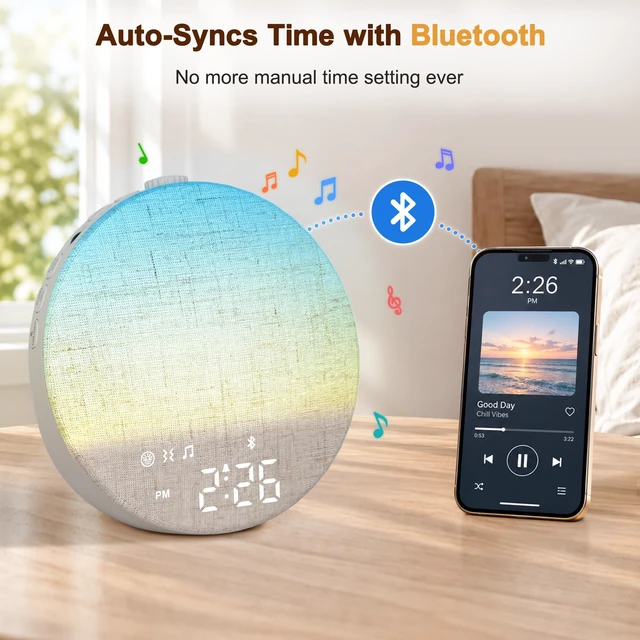 Alt view image 6 of 7 - Sunrise Alarm Clock with Bed Shaker for Heavy Sleepers Bedroom, White Noise Sound Machine for Sleep Baby Adults, Bluetooth, Timer, Loud Alarm Clock Wake Up Light for Kids, Night Light Dimmer