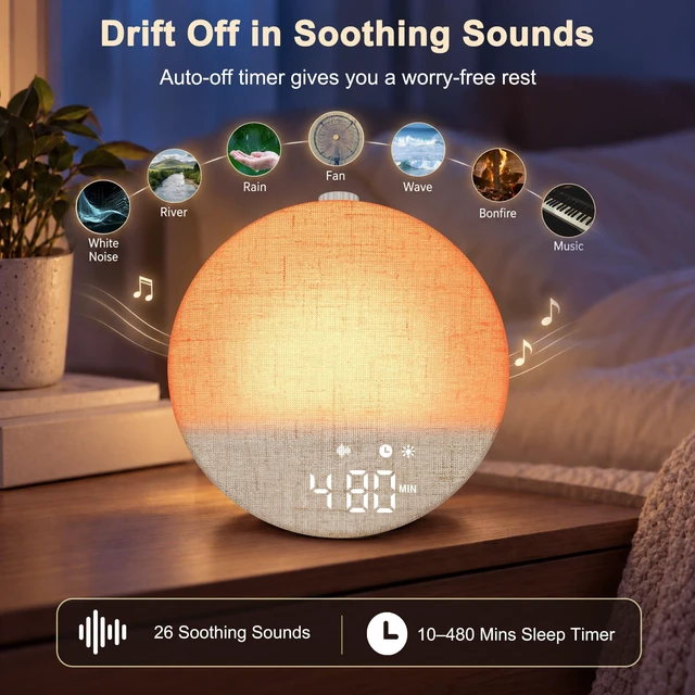 Alt view image 7 of 7 - Sunrise Alarm Clock with Bed Shaker for Heavy Sleepers Bedroom, White Noise Sound Machine for Sleep Baby Adults, Bluetooth, Timer, Loud Alarm Clock Wake Up Light for Kids, Night Light Dimmer