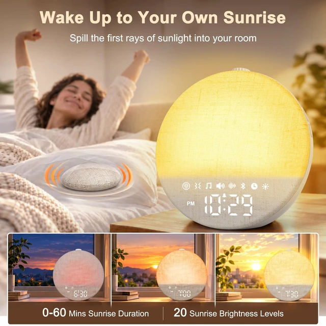 Alt view image 3 of 7 - Sunrise Alarm Clock with Bed Shaker for Heavy Sleepers Bedroom, White Noise Sound Machine for Sleep Baby Adults, Bluetooth, Timer, Loud Alarm Clock Wake Up Light for Kids, Night Light Dimmer