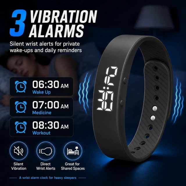 Alt view image 3 of 7 - Smart Watch Alarm Clock for Heavy Sleepers Bracelets Men Digital Vibrating Wristband para Hombres Bedroom Devices Women and Teens Wake Silent Long Distance Battery Powered Bed Shaker (pink)