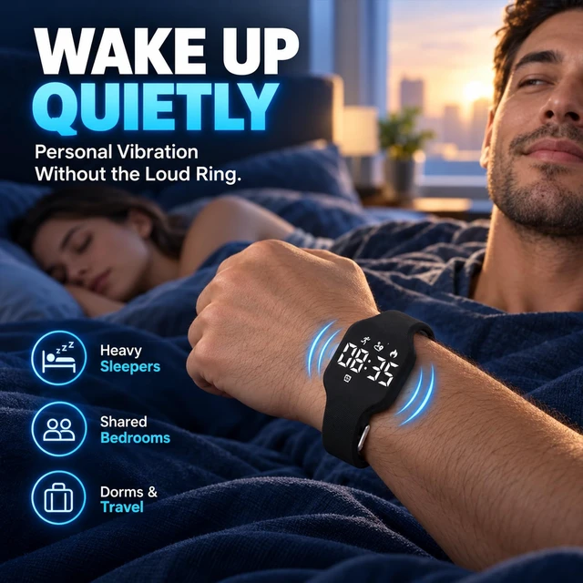 Alt view image 3 of 7 - Alarm Clock for Heavy Sleepers Vibrating Wristband Silent Watch Bracelet Teens Deaf Adults Bed Shaker Travel Digital Wearable Timer Reminder Rechargeable ADHD Wake Up Vibration Deep Shock