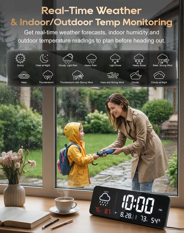 Alt view image 3 of 7 - Digital Wall Clock, Large LED Display, Network Auto-Sync Alarm Clock | Real-Time Display, Indoor Temp & Humidity, Outdoor Weather & Temperature, Corded for Bedroom, Living Room, Classroom, Office